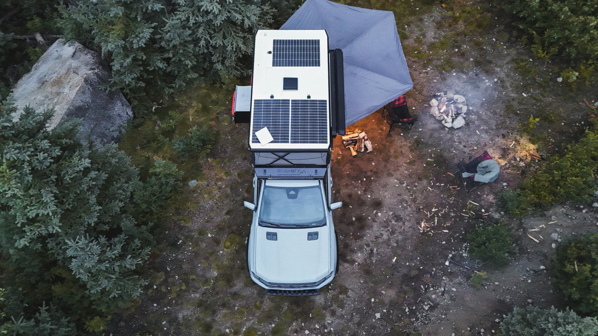 Aerial view of roof top tent with solar panels